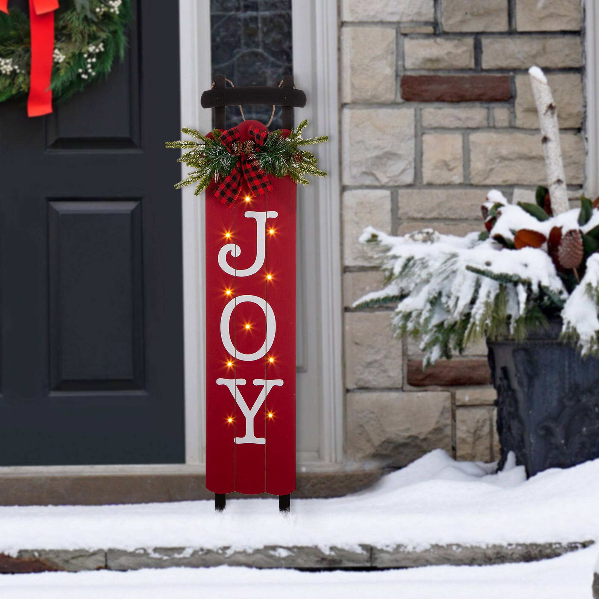 Glitzhome® 40" Lighted Wooden Sleigh JOY Porch Sign with Timer